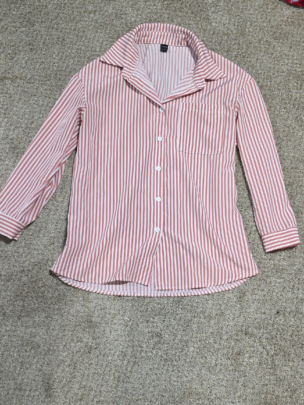 SHEIN Pink and White Vertical Stripe Button-Up Shirt